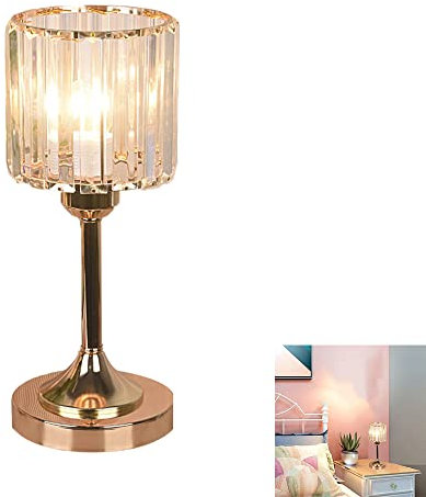 Kristall Tischlampe E27 Nachttischlampe Modernes Nachtlicht Kristallglas Mit Metallrahmen Tischleuchte mit Schalter Lampenschirm Für Schlafzimmer Wohnzimmer Esszimmer Büro, runden Zylindrisch Form