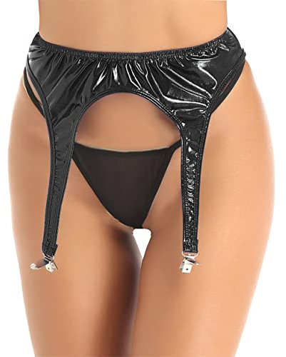Aiihoo Damen Wetlook Strumpfgürtel Strumpfhalter Strapsgürtel mit 4 Metall Clips Stretch Strumpfband Lack Leder Dessous Gogo Outfit Clubwear Schwarz Einheitsgröße