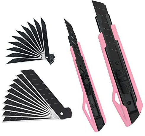 MANUFORE 2 Couteaux Utilitaires Rétractables Rose – Cutter 9mm 30° + Cutter 18mm avec 20 Lames, Idéal pour Bricolage et Découpe de Précision