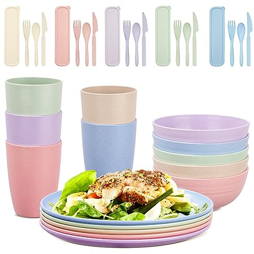 Yitriden 35pcs Dinner Set, Plates and Bowls Sets, Lightweight Plastic Dinnerware Cutlery Sets, Include Unbreakable Serving Bowls, Plates, Cups, Forks, Tableware, for Picnic Camping Party Wedding