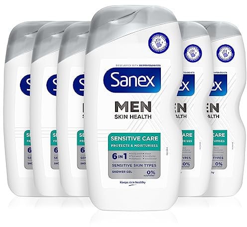 Sanex Men Skin Health Sensitive Care Shower Gel 400ml x 6 - men’s body wash - protects skin - helps reduce risk of irritation - enhances natural hydration - 6-in-1 benefits - dermatologically tested