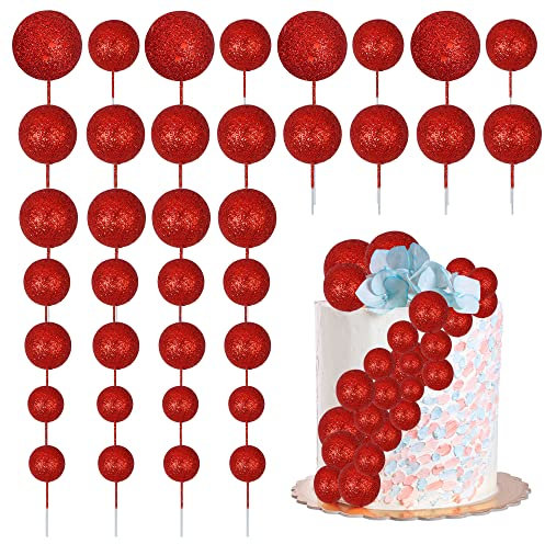 30Pcs Balls Cake Topper Glitter Foam Ball Cake Picks Mini Balloon Cupcake Insert Bubble Balls DIY Decoration for Baby Shower Wedding Anniversary Kids Birthday Graduation Party Cake Decorations Red