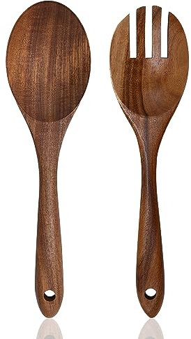 Salatbesteck aus Holz, 25,4 cm, Salatzange aus Holz zum Servieren, Salatlöffel und Gabelklaue, 2er-Set, Holzmischlöffel, Rührlöffel für Küche, Kochen, Rühren, Salat, Servierutensilien