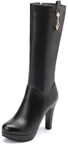 MJIASIAWA Sposa Tacco Alto Donna Inverno Stivali Alti Punta Rotonda Festa Eleganti Plateau Warm Equestrian Stivaletti Vestito Nero Numero 33 Eu