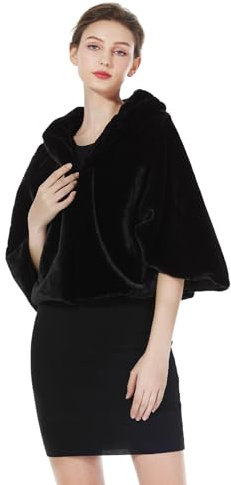 BEAUTELICATE Kunstpelz Bolero Schal Stola Pelz Cape Damen Braut Elfenbein Brautschal Brautjacke fur Hochzeit Winter Abend Festlich (Plus Size -Schwarz)