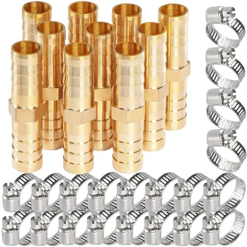 MSAEIQUN Brass Hose Barb Fitting 5/16 (8mm) Barb Splicer Mender with Stainless Steel Pipe Clamps air hose repair kit for Pipe Line/Fuel/Air (Pack of 10) (2-way, 5/16 10pcs)