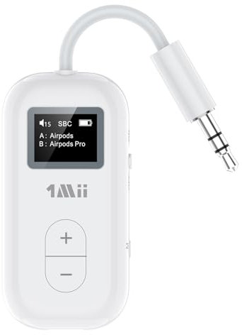 1Mii SafeFly Dual Bluetooth 5.3-Sender mit OLED-Display für bis zu 2 kabellose AirPods-Ohrhörer, mit aptX HD/AD/LL, mit 3,5-mm-Audiobuchse im Flugzeug/Fitnessstudio/TV/iPad/Tablets