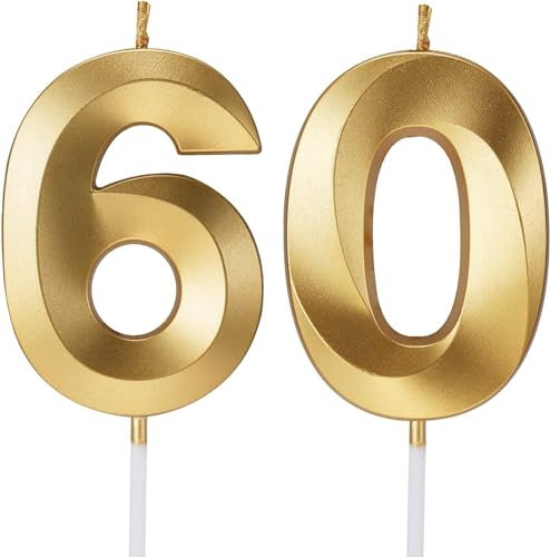 Birthday Candles Number Candles Age Year for Cakes Happy Birthday 3D Designed Wedding Anniversary Party Cake Topper Decorations (Gold, 60)