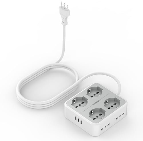 TESSAN Ciabatta Multipresa con USB, Presa Multipla con 4 Schuko e 4 Bivalenti 10A/16A, Multipresa Elettrica con Interruttore e 3 USB A, Ciabatta Elettriche 3680W con Prolunga Elettrica 3M, Grigio