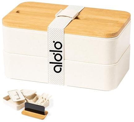 Set Fiambrera Bambú con Soporte para Móvil. Bento Box para adultos y niños. Lonchera con Compartimentos y Cubiertos y capacidad total de1400 ml. Apto para microondas y Lavavajillas.
