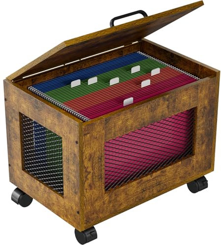 Sbanmao Rustic Brown Country Rolling File Cabinet Cart, Hanging File Organizer Box with Lid, 17 x 11.4 x 11 inches, Office Storage