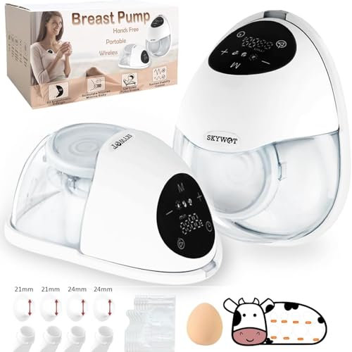 SKYWOT Wearable Breast Pump, Hands-Free Portable Breast Pump, Slim Design Perfectly Fits The Curve of Breast |Ultra Quiet & Strong Suction|3 Flange Sizes (21mm/24mm/27mm)|Long Battery Life