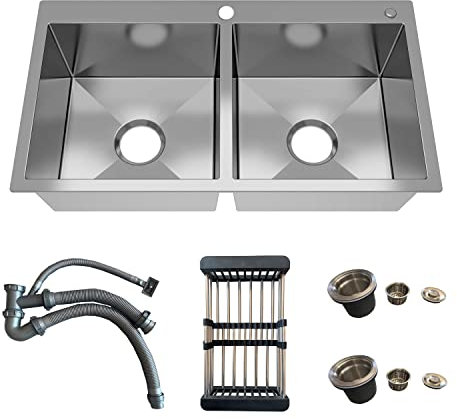 MEJE 80 x 45 x 22 cm Fregadero de cocina doble de acero inoxidable con orificios de grifería Fregadero empotrable Color: acero inoxidable