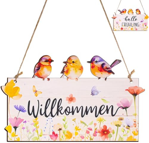 PAYFULLY Türschild Willkommen, Holz Türdeko Mit Vorder- und Rückseite, Herzlich Willkommen Schild Frühling mit Aufhängeschnur für Haus, Garten, Esszimmer, etc.