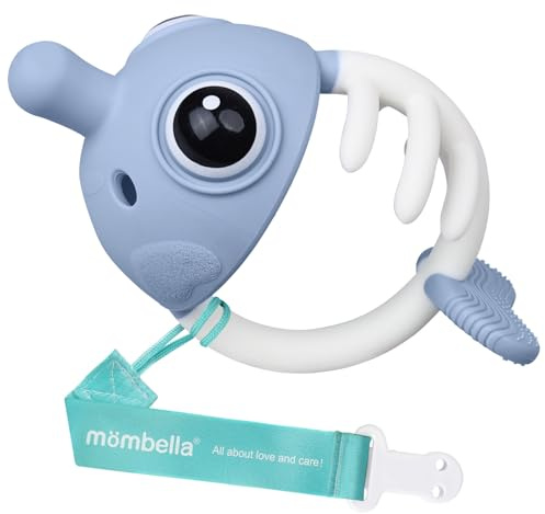 Mombella Clownfish Teether for Babies 3 Months Up, Baby-Beißspielzeug für 6 Monate mit Schnuller-Clip, Mombella Clownfisch-Beißring 9 Monate alt, weiches Silikon-Säuglings-Kauspielzeug, Blau