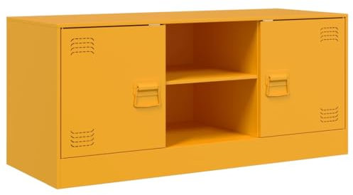 vidaXL Mustard Yellow Modern TV Stand/Cabinet for Living Room – Cold-Rolled Steel with Storage Shelves, Media & Entertainment Center, Metal Handles, 99x39x44 cm