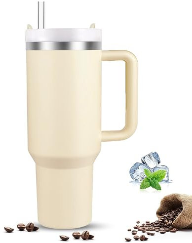 KISUOMAOYI 40 Oz Travel Tumbler with Straw Lid and Handle, Reusable Stainless Steel Water Bottle, Travel Insulated Cup, Leak Proof Vacuum Insulated Bottle, Travel Mug for Hot&Cold Drink-Cream White