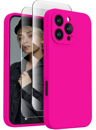FireNova Designed for iPhone 16 Pro Case, Silicone Upgraded [Camera Protection] Phone Case with [2 Screen Protectors], Soft Anti-Scratch Microfiber Lining Inside, 2024, Hot Pink