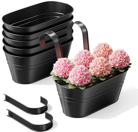The Fellie 6 PCS Hanging Plant Pot Balcony Over Fence Planters Outdoor For Railing, Garden Planter Large Flower Pots With Detachable Hook, Metal Wall Planter Indoor For Decoration, Black 28*15*17.5CM
