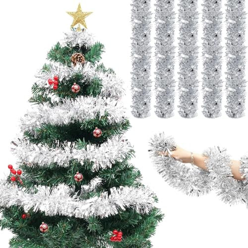XULEGGNK 5 * 2 M Metallische Lametta Girlanden, Weihnachtsbaum Dekoration Girlande, Weihnachten Lametta Glänzend, Für Weihnachten, Hochzeiten, Urlaubsfeiern Dekoration, Silber