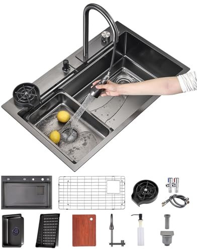 FIVIXIL Fregadero de cocina(66 * 50, 76 * 50, 81 * 50, 86 * 50)Flying Rain Waterfall Fregadero individual grande con lavavasos, dispensador de jabón, rejilla para vajilla (Gris plomo, 86 * 50 * 22cm)