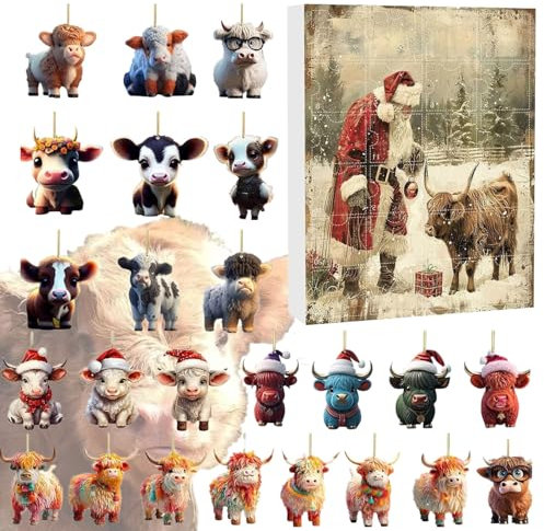 OUDIOHAI Adventskalender Kuh, Niedlicher Highland Kuh Adventskalender 2024, Schottische Hochlandrinder deko Weihnachtsornamente, Highland Cow Sammelspielzeug, für Heimdekoration
