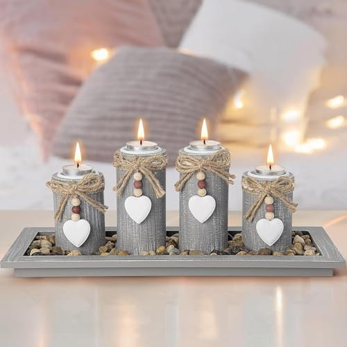 Candle Holder Set Tea Light Candle Holders Set of 4 with Wodden Tray and Natural Stones Table Home Decorations Centrepiece for Party, Wedding,Birthday Gift