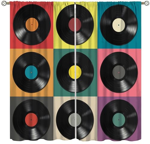 VUMIVI Music Record Curtains Black Discs Hearing Art Vintage Music Playing Window Treatments for Bedroom Living Room Kitchen 21 W x 44.5 L 2P (Decor)