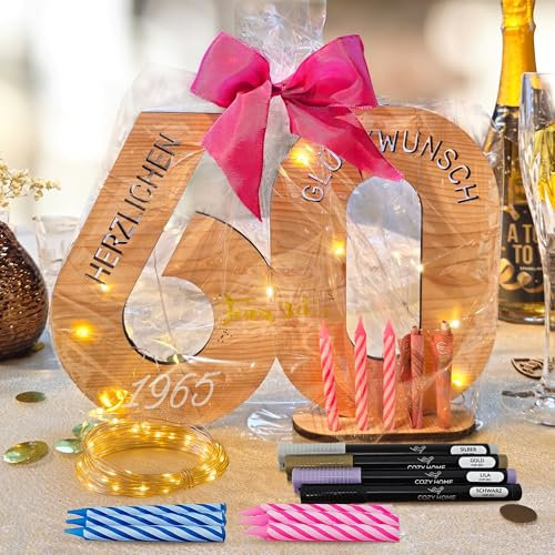 CozyHome Originelle 60. Geburtstag Geschenk & Geburtstag Deko - Inkl. LED Lichterkette + 6 Kerzen & 4 Stifte I Frau Frauen & Männer Geldgeschenke 60er 60 Geschenke Geldgeschenke Gästebuch Holz-Schild