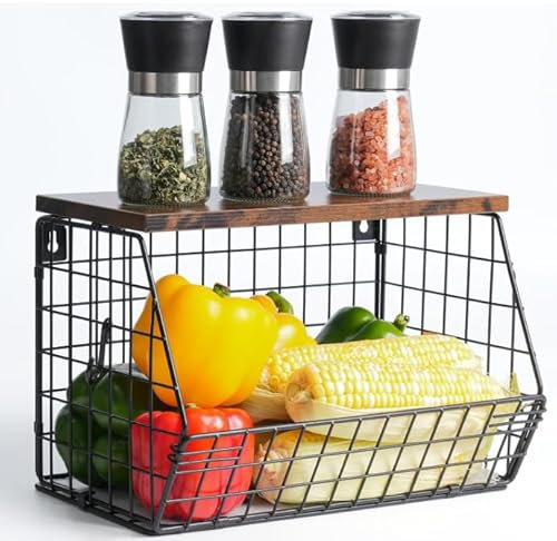 Gaethra Obstkorb Hängend, Metall Küchenregal Hängend, Obstkorb Wand für Küche, mit Holzdeckel und Schrauben, Küchenarbeitsplattenregal mit 4 Haken, zur Aufbewahrung Von Gemüse, Obst und Snack