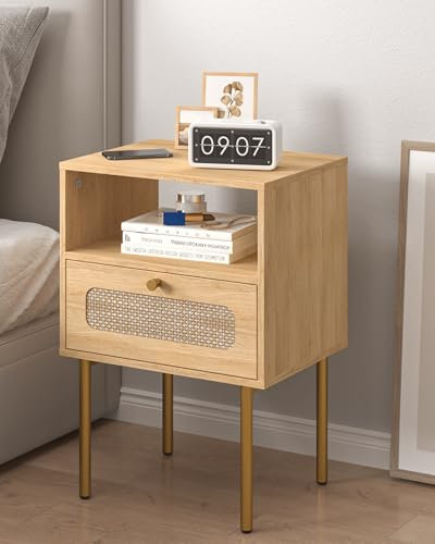 JERX Nachttisch Moderner mit Aufbewahrungsschublade und offenem Holzregal, Kleiner Beistelltisch mit Rattan-Verzierungsfront und Goldrahmen, Für Wohnzimmer, Schlafzimmer (Schwarz)