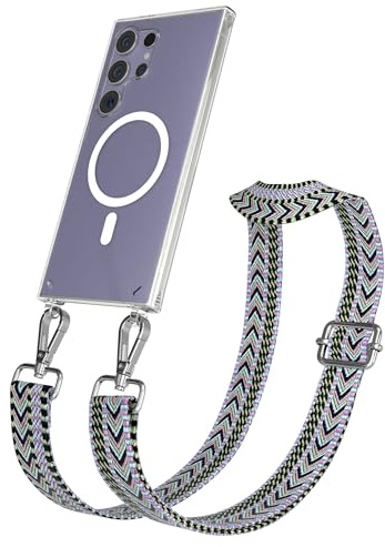 EAZY CASE Handykette - Verstellbares Taschenband kompatibel mit Galaxy S24 Ultra, Schulterriemen, Handykordel mit Silikon Hülle, Qi Charging kompatibel, Umhängetasche, Lila Grün Silber