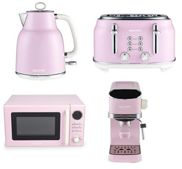 Salter Retro Pink Kitchen Set – 1.7L 3kW Kettle, 4-Slice Toaster, 20L Digital Microwave Oven with 25.5 cm Glass Turntable, Espresso Machine with Milk Frother, 20-Bar Pressure Pump, Single/Double Shot