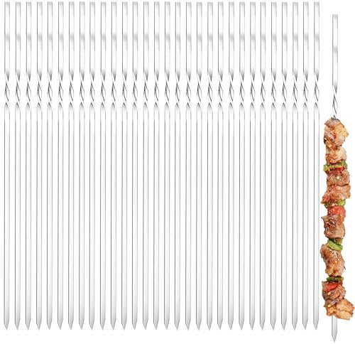 Gxlaihly 30 Pièces Brochette inox, 40 cm Brochettes pour Barbecue, 40cm Brochettes de kebab, Réutilisables Brochettes Inox, pour Bœuf, Barbecue, Légumes et Poisson (B-40CM)