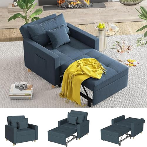 YODOLLA 192cm schlafsessel, 3-in-1 Schlaferstuhl, Ausziehbar Schlaferstuhl mit Bettfunktion, Schlafsofa mit Seitentasche und Regulierbarer Rückenlehne für Gästezimmer & kleine Wohnung, Marineblau