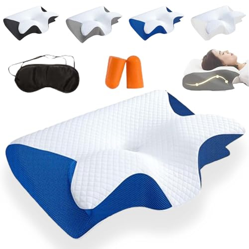 Donubiiu Kissen, Ergonomisches Nackenkissen mit lichtblockierenden Schlafmasken-Ohrstöpseln,Nackentraum Ergonomische UnterstüTzung (Blau,Kissen)