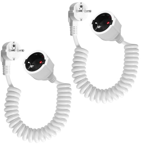 2 Stück Schutzkontakt Spiralverlängerung 0,6 m auf 2m | 230V/16A, dehnbares Spiral-Kabel, mit Schutzkontaktwickelstecker & Schutzkontaktkupplung