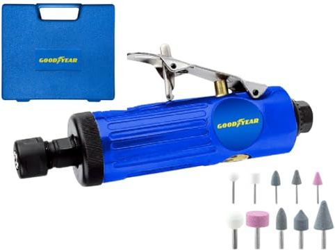 Goodyear - Amoladora Recta Neumática, Complemento para Compresor, Profesional 22000 rpm 1/4” y 1/8”, Aleación de Aluminio, Kit con 10 Piedras de Afilar, 2 Portabrocas y Accesorios Incluidos