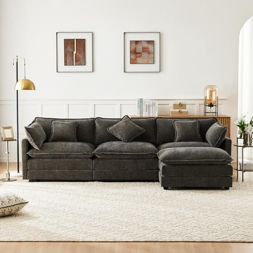 NADEUSAK Modernes Design Polstermöbel 150x280cm Dunkelgrau Chenille-Stoff, Dreisitzer-Sofa, Polstersofa, Ecksofa mit Fußstütze, L-förmiges Ecksofa