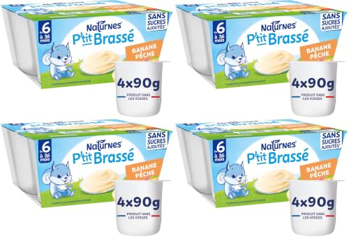 Nestlé Bébé - P'tit Brassé - Laitage Pêche Banane sans sucres ajoutés - dès 6 mois - 4 x 90g (Lot de 4)