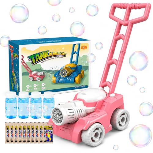 SaiXuan Bubbelgräsklippare för Barn med Ljusfunktion, Bubbelmaskin för Utomhuslek, med 4 Flaskor à 50 ml och 10 Påsar Koncentrat, Rosa Leksak för Trädgård, Gård och Park