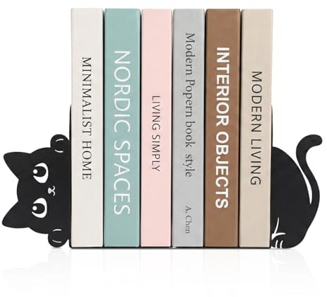 Cenjeery Serre-Livres Chat Curieux en Métal, Lot de 2, Base Élargie et Épaissie pour Une Stabilité Renforcée, Serre-Livres Décoratifs pour Étagères, Bureaux et Tables, Idée Cadeau