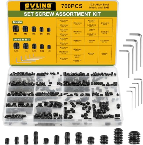 SVLING Set Screw Assortment Kit 700PCS, 25 Sizes Metric and SAE Set Screws M3 M4 M5 M6 M8 1/8 5/32 3/16 1/4 5/16 Socket Screw Kit 12.9 Alloy Steel for Bathroom Fixtures Door Handles