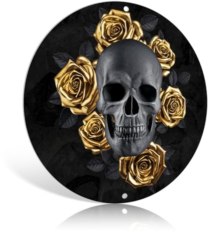 Gothic Black Skull with Gold Roses Round Metal Tin Sign 8x8 Inch Wall Hanging Plaques Poster Art for Bedroom Living Room Bathroom Man Cave Decor