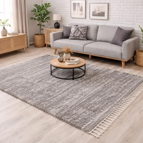 carpet city Hochflor Teppich Shaggy Grau/Taupe 240x340 cm - Meliertes Muster, Fransen & Kettfäden - flauschig weich, kuschliger Schlafzimmer- & Wohnzimmerteppich