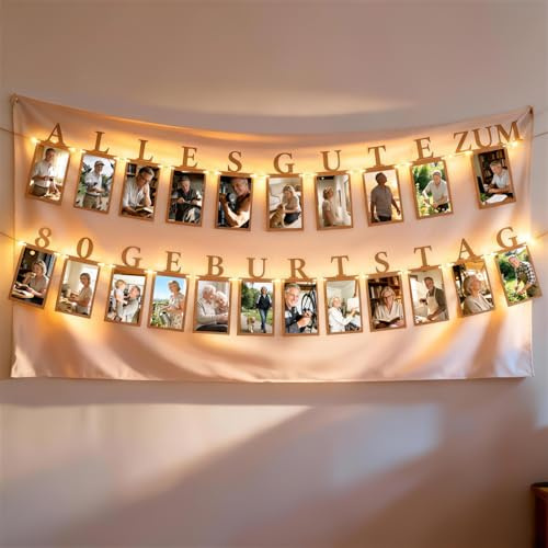 TUZELITY Fotogirlande 80. Geburtstag Deko Männer Frauen– 80. Geburtstagsdeko Fotogirlande für Geburtstagsparty – Alles Gute zum 80. Geburtstag Girlande inkl. LED-Lichterkette