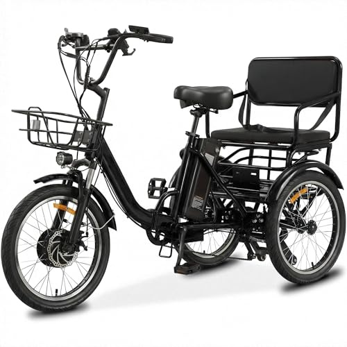 Broobey Zweisitziges Elektro-Dreirad für Erwachsene Zusammenklappbares 3-Rad-Elektro-Dreirad Mobilitätsroller für Senioren Fahrradkorb mit großem Fassungsvermögen（Black）