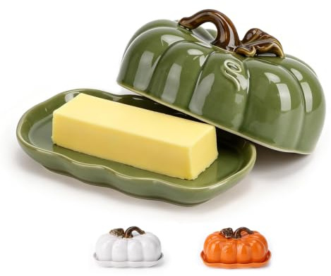 AVEKI Butter Dish with Lid for Countertop, Ceramic Cute Pumpkin Butter Container, Serving Tray with Cover, Decor Dinnerware for Halloween Thanksgiving Pumpkin Party (Green-A)