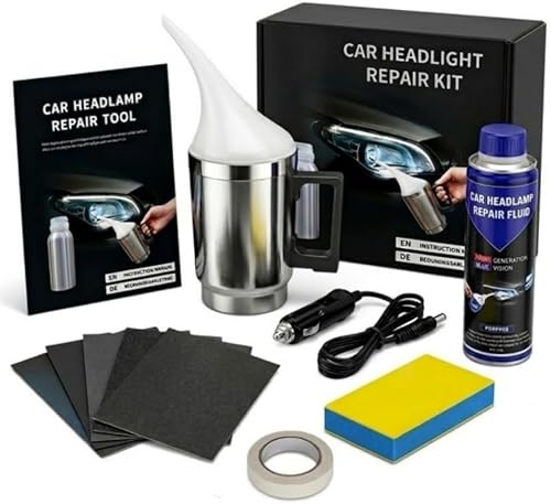 Dujuanus Scheinwerfer Aufbereitung Set, Auto Scheinwerfer Reinigung Kit,Das Komplette Scheinwerfer Polierset mit Zerstäuberbecher, 12V Kabel & Schleifpapier für vergilbte Lichter (200ml Set)