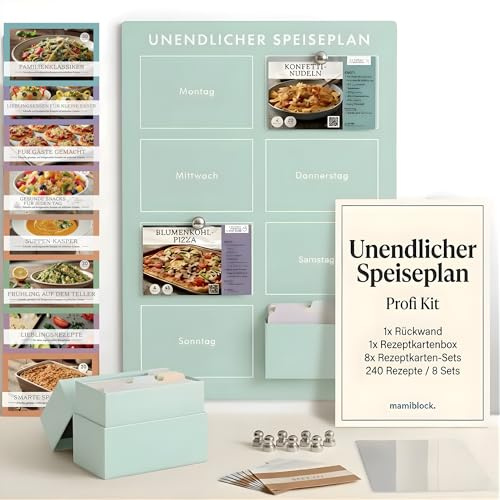 mamiblock Unendlicher Speiseplan – Magnetischer Wochenplaner in (Mint) | Mit 8 Rezeptkarten-Sets (240 Rezepte), inkl. Rückwand, Box & Schutzhülle – BPA-frei.